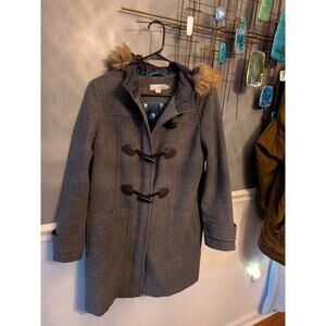 Boden Wool Cashmere Duffle Pea Coat 8 Grey Faux Fur Hood Toggle Geometric Lining